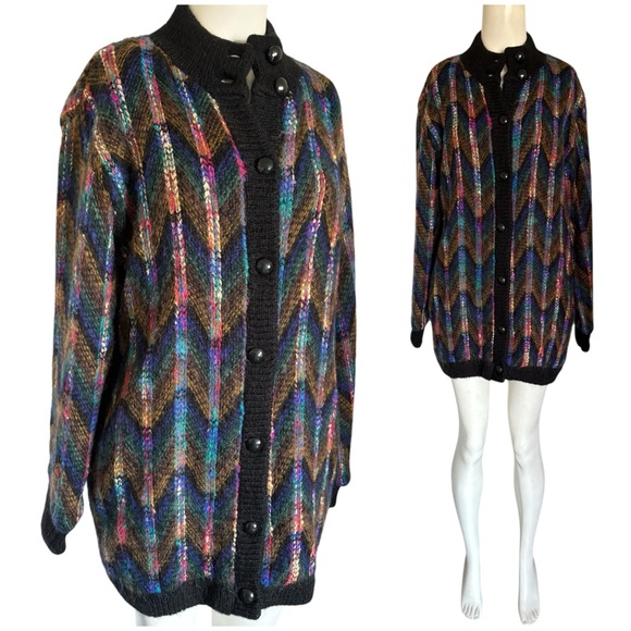 Vintage Sweaters - Vintage 80’s 90’s Mohair Blend Chevron Zig Zag Knit Sweater Coat Sz M Yarnworks